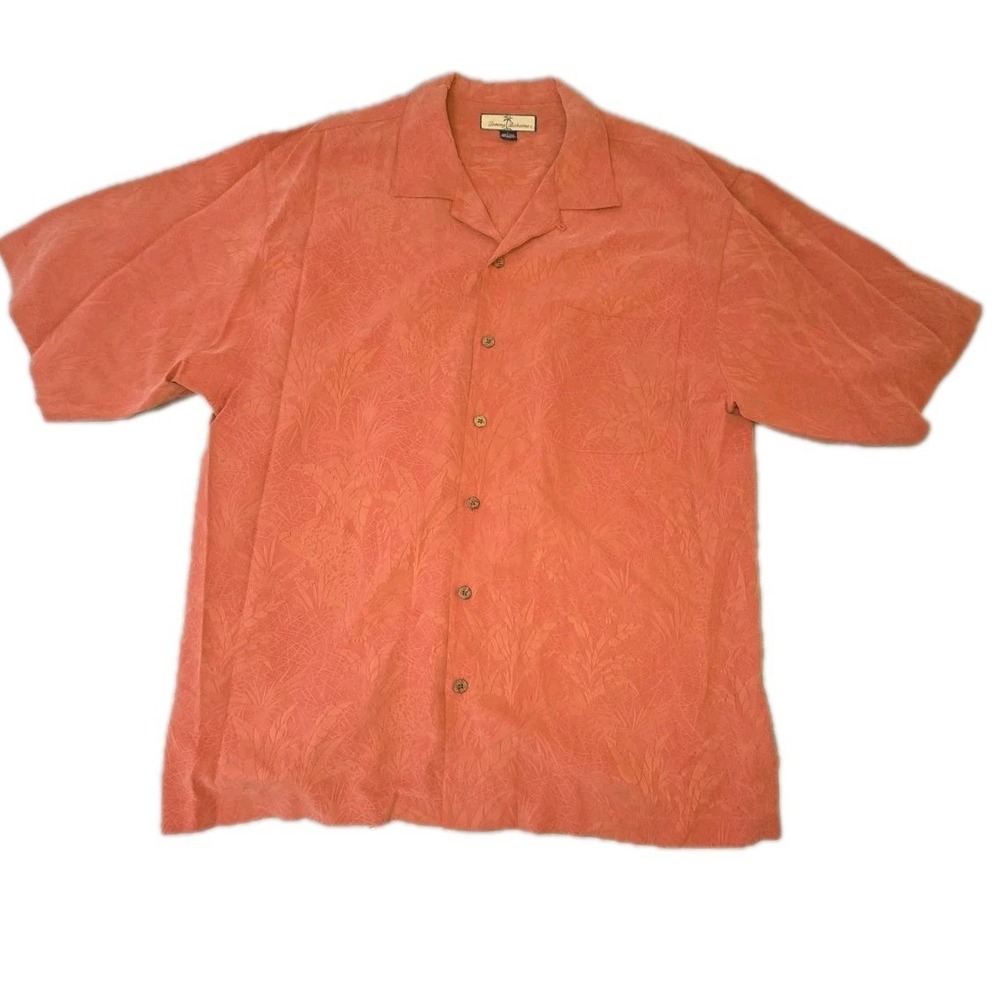 Tommy Bahama Shirt Mens Size Large Coral/Pink Silk Short Sleeve Button Up